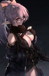 Rule 34 | 1girl, absurdres, arknights, assault rifle, black background, black scarf, blue jacket, bow, breasts, commentary, elf, english commentary, eyebrows hidden by hair, flower, from above, gun, hair bow, highres, holding, holding flower, holding gun, holding weapon, indie virtual youtuber, jacket, jin grey paladin, large breasts, long pointy ears, looking up, off shoulder, orange bow, parody, pointy ears, ponytail, purple eyes, purple hair, rae laviere, rifle, scarf, scope, solo, style parody, virtual youtuber, weapon, white flower