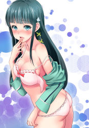 Rule 34 | 10s, 1girl, absurdres, aqua hair, ass, bare shoulders, blue eyes, blunt bangs, blush, bra, breasts, butt crack, cleavage, finger to mouth, full-face blush, hair ornament, highres, hoshimoto pierrot, long hair, looking at viewer, mahouka koukou no rettousei, open clothes, open mouth, panties, pink bra, pink panties, ribbon-trimmed underwear, ribbon trim, shiba miyuki, snowflake hair ornament, solo, strap gap, strap slip, underwear