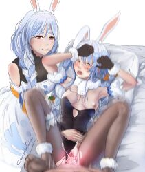 Rule 34 | 1boy, 2girls, absurdres, animal ear fluff, animal ears, artist name, black bodysuit, black leotard, black pantyhose, blue hair, bodysuit, bodysuit under clothes, braid, braided ponytail, breasts, carrot hair ornament, commentary, cum, cum in pussy, cum overflow, detached sleeves, don-chan (usada pekora), dress, embarrassed, english commentary, ffm threesome, food-themed hair ornament, fuckodilec, fur-trimmed gloves, fur trim, gloves, group sex, hair between eyes, hair ornament, hand on another&#039;s stomach, hetero, highres, hololive, large breasts, leotard, long hair, lying, mature female, mother and daughter, motion blur, multicolored hair, multiple girls, nipples, on back, one breast out, oyakodon (sex), pantyhose, pekomama, penis, rabbit ears, rabbit girl, rabbit tail, red eyes, sex, short eyebrows, small breasts, tail, thick eyebrows, threesome, torn clothes, torn pantyhose, twin braids, two-tone hair, uncensored, usada pekora, vaginal, virtual youtuber, white dress, white hair, white sleeves