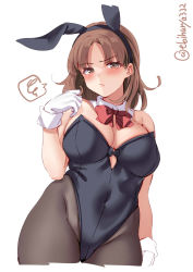Rule 34 | 1girl, alternate costume, animal ears, black leotard, black pantyhose, blush, bow, bowtie, breasts, brown eyes, brown hair, chiyoda (kancolle), cleavage, covered navel, cowboy shot, detached collar, ebifurya, fake animal ears, gloves, hair between eyes, highres, kantai collection, large breasts, leotard, lips, looking at viewer, one-hour drawing challenge, pantyhose, playboy bunny, rabbit ears, rabbit tail, short hair, simple background, solo, strapless, strapless leotard, tail, twitter username, white background, white gloves, wing collar, wrist cuffs