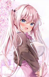 Rule 34 | 1girl, :d, black jacket, blue eyes, blush, breasts, brown hair, commentary request, falling petals, hair between eyes, hair ribbon, highres, jacket, kino (kino konomi), large breasts, long hair, long sleeves, looking at viewer, looking to the side, open mouth, original, outdoors, petals, pink skirt, pleated skirt, ribbon, school uniform, shirt, skirt, smile, solo, standing, twintails, very long hair, white shirt