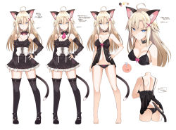 Rule 34 | 1girl, ahoge, animal ears, ass, babydoll, bare arms, bare shoulders, barefoot, belt, black bra, black dress, black footwear, black panties, black thighhighs, blonde hair, blue eyes, bow, bow panties, bra, breasts, cat ears, cat tail, cleavage, collar, collarbone, detached collar, dress, hair ornament, hand on own hip, lingerie, long hair, medium breasts, multiple views, navel, ohta yuichi, original, panties, partially translated, pink bow, shoes, short dress, standing, tail, thighhighs, translation request, underwear, variations, x hair ornament
