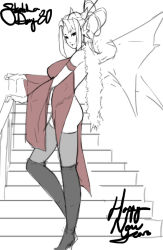 Rule 34 | 1girl, armlet, ass, bat wings, boots, breasts, china dress, chinese clothes, detached sleeves, dress, eu03, flat color, formal, hair ornament, hair up, happy new year, horns, knee boots, large breasts, new year, no panties, original, side slit, solo, stairs, strapless, strapless dress, thighhighs, unfinished, wide sleeves, wings