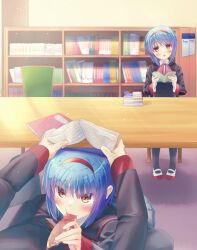 Rule 34 | 1boy, 2girls, absurdres, black jacket, black socks, blue hair, blush, book, bookshelf, bow, censored, commentary request, covering head, crossed bangs, eyes visible through hair, fellatio, hair between eyes, hairband, hetero, highres, holding, holding book, indoors, jacket, little busters!, little busters! school uniform, long sleeves, looking at viewer, mary janes, mosaic censoring, multiple girls, natsuoto rito, nishizono midori, nishizono mio, open book, open mouth, oral, orange eyes, penis, pink bow, pov, public indecency, red hairband, school uniform, shoes, short hair, sidelighting, sitting, socks, sweat, upturned eyes, white footwear