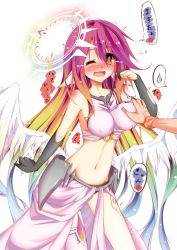 Rule 34 | 10s, 1girl, angel wings, blonde hair, blush, grabbing another&#039;s breast, breasts, spiked halo, covered erect nipples, drooling, earth0, feathered wings, full-face blush, gloves, grabbing, gradient hair, halo, heart, heart-shaped pupils, highres, jibril (no game no life), large breasts, long hair, low wings, magic circle, midriff, multicolored hair, navel, no game no life, one eye closed, open mouth, pink hair, saliva, sideboob, smile, symbol-shaped pupils, tattoo, thighhighs, trembling, white wings, wings, yellow eyes