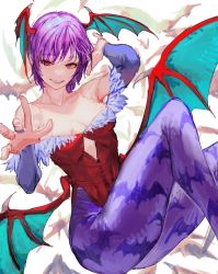 Rule 34 | 1girl, animal print, bare shoulders, bat (animal), bat print, bat wings, blue gloves, breasts, bridal gauntlets, capcom, center opening, commentary, demon girl, english commentary, fingernails, gloves, hanny (uirusu chan), head wings, highres, leotard, lilith aensland, low wings, morrigan aensland, pantyhose, print pantyhose, purple hair, purple pantyhose, reaching, reaching towards viewer, red eyes, red leotard, short hair, small breasts, solo, vampire (game), wings