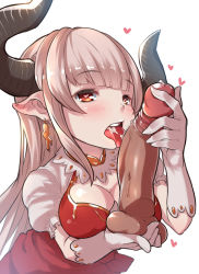 Rule 34 | 10s, 1boy, 1girl, alicia (granblue fantasy), blush, breasts, brown hair, caressing testicles, cleavage, combat s-ko, cum, cum in mouth, cum on tongue, granblue fantasy, highres, horns, licking, long hair, open mouth, penis, pointy ears, red eyes, testicles, tongue, tongue out, uncensored, upper body