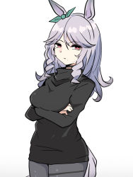 Rule 34 | 1girl, aqua bow, arms under breasts, black sweater, bow, commentary request, cowboy shot, crossed arms, curly hair, ear bow, hair between eyes, highres, horse girl, horse tail, kawamochi (tddm3573), light purple hair, long hair, long sleeves, mejiro family matriarch, mole, mole under eye, original, pink eyes, ringlets, sidelocks, simple background, solo, sweater, tail, umamusume, white background