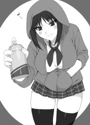 Rule 34 | 00s, 1girl, akiyama mio, akiyama mio (cosplay), bad id, bad pixiv id, bow, breasts, cosplay, greyscale, hand in pocket, highres, hood, hoodie, k-on!, kurusugawa ayaka, large breasts, leaning forward, monochrome, musical note, no thank you! (k-on!), shichimenchou, skirt, sleeves rolled up, smile, solo, spoken musical note, spray can, spray paint, standing, thighhighs, to heart, to heart (series), zettai ryouiki