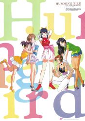 Rule 34 | 1990s (style), 5girls, arm behind head, arm up, black hair, blue hair, brown hair, character name, copyright name, dress, gloves, hand on another&#039;s shoulder, high heels, idol boueitai hummingbird, long hair, long sleeves, looking at viewer, miniskirt, multiple girls, non-web source, official art, open mouth, outstretched arm, pointing, pointing at viewer, purple footwear, purple hair, red footwear, red hair, retro artstyle, short dress, short hair, short twintails, skirt, sleeveless, sleeveless dress, smile, squatting, standing, standing on one leg, strappy heels, thumbs up, toreishi kanna, toreishi mina, toreishi satsuki, toreishi uzuki, toreishi yayoi, twintails, white gloves, yellow footwear