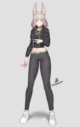 Rule 34 | 1girl, absurdres, alternate costume, animal ears, artist name, between fingers, black jacket, black pants, black shirt, blush, breasts, brown eyes, brown hair, candy, commentary, crop top, down jacket, english commentary, facial mark, food, full body, grey background, grin, highres, holding, holding candy, holding food, holding lollipop, jacket, lollipop, long sleeves, looking at viewer, midriff, navel, nia (xenoblade), open clothes, open jacket, pants, puffy long sleeves, puffy sleeves, shadow, shirt, shoes, simple background, small breasts, smile, solo, standing, v, v-shaped eyebrows, white footwear, xenoblade chronicles (series), xenoblade chronicles 3, zambonito