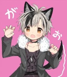 Rule 34 | animal ears, black hair, blush, choker, coat, collarbone, dog ears, dog tail, earrings, extra ears, fang, fur trim, grey hair, jewelry, looking at viewer, male focus, masironot, multicolored hair, necklace, nijisanji, paw pose, pink background, simple background, skin fang, solo, suzuki masaru, tail, v-shaped eyebrows, virtual youtuber, yellow eyes