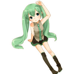 Rule 34 | 1girl, arm up, bad id, bad pixiv id, green eyes, green hair, hatsune miku, long hair, matching hair/eyes, mizutamako, simple background, sitting, skirt, solo, thighhighs, thighhighs pull, twintails, very long hair, vocaloid