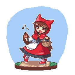Rule 34 | 1girl, animal ears, basket, blouse, blush stickers, brooch, brown hair, cloak, cosplay, fang, hood, hooded cloak, imaizumi kagerou, jewelry, kumamoto (bbtonhk2), little red riding hood, little red riding hood (grimm), little red riding hood (grimm) (cosplay), long hair, lowres, musical note, neck ribbon, open mouth, picnic basket, pixel art, red eyes, ribbon, shirt, shoes, skirt, smile, socks, solo, tail, touhou, wolf ears, wolf tail