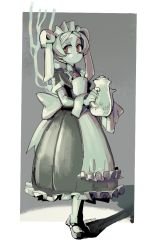 Rule 34 | 1girl, 770mk, apron, bloody marie (skullgirls), brooch, dress, frilled apron, frilled dress, frills, full body, grey background, grey hair, hair ornament, jewelry, maid headdress, mary janes, red eyes, shoes, skull hair ornament, skullgirls, solo, standing, teapot, twintails