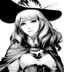 Rule 34 | 1girl, absurdres, brooch, cape, commentary request, curly hair, eyelashes, fantasy, final fantasy, frilled sleeves, frills, greyscale, hat, hat feather, highres, jewelry, lips, long eyelashes, long hair, looking at viewer, momo oddeye, monochrome, puffy short sleeves, puffy sleeves, red mage (final fantasy), short sleeves, smile, solo, upper body, white background