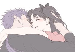 Rule 34 | 1boy, 1girl, black hair, black sweater, blue hair, blush, closed eyes, cu chulainn (fate), cu chulainn (fate/stay night), earrings, facing another, fate/stay night, fate (series), grey background, hetero, highres, jewelry, long hair, nian (qingdandeliuni1), open mouth, parted bangs, red shirt, shirt, simple background, sweater, teeth, tohsaka rin, twintails, two side up, upper teeth only