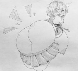 Rule 34 | 1girl, @ @, absurdres, ass, blush, breasts, clothes pull, gigantic breasts, highres, huge ass, monochrome, nipples, no panties, open mouth, rimo3987, shiki eiki, short hair, sketch, skirt, skirt pull, solo, touhou
