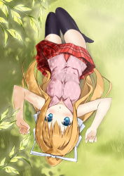 Rule 34 | 00s, 1girl, air (visual novel), arms up, black thighhighs, blonde hair, blue eyes, blush, colored eyelashes, grass, hair ribbon, kamio misuzu, long hair, looking at viewer, lying, no shoes, on back, outdoors, plaid, plaid skirt, ponytail, ribbon, skirt, sky-freedom, sleeveless, solo, surprised arms, thighhighs, upside-down, zettai ryouiki