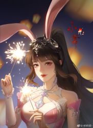 Rule 34 | 1girl, absurdres, animal ears, breasts, brown hair, collar, douluo dalu, dress, fireworks, hair ornament, highres, holding, holding fireworks, lantern, light, long hair, medium breasts, metal collar, night, pink dress, ponytail, rabbit ears, solo, teeth, upper body, xiao wu (douluo dalu), zhizhi ya