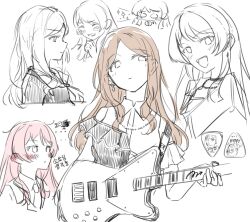 2girls :d bang_dream! bang_dream!_it&#039;s_mygo!!!!! bass_guitar blush brown_hair chibi chibi_inset chihaya_anon closed_mouth commentary_request earrings fang hand_up highres holding holding_bass_guitar holding_instrument instrument jewelry korean_commentary korean_text kuuhaku_900 long_hair looking_ahead looking_to_the_side multiple_girls multiple_views nagasaki_soyo open_mouth parted_bangs pink_hair plectrum sidelocks single_earring sketch smile sparkle spot_color straight_hair three_quarter_view translation_request v-shaped_eyebrows