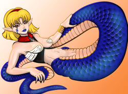 1girl blonde_hair blue_lips blue_scales cleft_of_venus collar drawfag facial_mark full_body lamia looking_at_viewer lunar lunar:_the_silver_star monster_girl non-web_source orange_eyes pointy_ears pussy reclining royce_(lunar) snake_tail solo tail