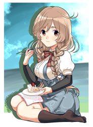 Rule 34 | 1girl, arm warmers, black socks, blush, border, bow, bowtie, braid, breasts, cake, cloud, eating, food, fork, fruit, full body, grey skirt, hair between eyes, handkerchief, kantai collection, kneehighs, large breasts, light brown hair, lips, long hair, looking at viewer, minegumo (kancolle), no shoes, plaid, plaid bow, plaid bowtie, plaid neckwear, plate, pleated skirt, red bow, red bowtie, sagamiso, school uniform, shadow, shirt, short sleeves, sitting, skirt, socks, solo, strawberry, sunlight, suspender skirt, suspenders, twin braids, twitter username, wariza, water, white border, white shirt