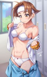 Rule 34 | 1girl, ahoge, bare shoulders, blue skirt, blush, bra, breasts, brown eyes, brown hair, cameltoe, cleavage, closed mouth, collarbone, commentary request, cowboy shot, dated, day, groin, headband, highres, indoors, justice gakuen, locker, locker room, looking down, medium breasts, navel, off shoulder, open clothes, open skirt, panties, parted bangs, school uniform, shiritsu justice gakuen, shirt, short hair, sidelocks, signature, skirt, smile, solo, standing, stomach, taiyou gakuen uniform, thick eyebrows, toned, underwear, undressing, wakaba hinata, white bra, white headband, white panties, white shirt, window, yoohi