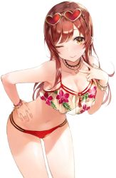 Rule 34 | 1girl, bare shoulders, bikini, blush, bracelet, breasts, brown hair, bvucki36gzoeq1c, choker, cleavage, closed mouth, collarbone, commentary, earrings, eyewear on head, hand on own hip, heart, heart-shaped eyewear, highres, idolmaster, idolmaster shiny colors, jewelry, leaning forward, long hair, looking at viewer, medium breasts, navel, necklace, one eye closed, osaki amana, red bikini, simple background, smile, solo, standing, swept bangs, swimsuit, symbol-only commentary, v, white background, yellow eyes