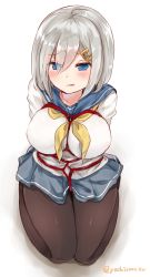 Rule 34 | 10s, 1girl, arms behind back, bdsm, black pantyhose, blue eyes, blush, bound, breasts, chiune (yachi), eyes visible through hair, hair ornament, hair over one eye, hairclip, hamakaze (kancolle), kantai collection, large breasts, neckerchief, pantyhose, pleated skirt, school uniform, serafuku, short hair, silver hair, simple background, sitting, skirt, solo, tied up, tongue, twitter username, white background, yellow neckerchief