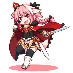 Rule 34 | 1boy, :d, astolfo (fate), black bow, black dress, black ribbon, black thighhighs, blush, boots, bow, braid, chibi, commentary request, crown, dress, fang, fate/apocrypha, fate (series), full body, fur trim, furrification, furry, furry male, garter straps, gauntlets, hair bow, hair ribbon, langbazi, long hair, looking at viewer, male focus, mini crown, open mouth, pink eyes, pink hair, red skirt, ribbon, short dress, signature, simple background, single braid, skin fang, skirt, smile, solo, standing, thighhighs, trap, v, v over eye, white background
