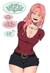 Rule 34 | belt, crescent, crescent earrings, earrings, fangs, highres, jewelry, kinjero, necklace, original, pink hair, red shirt, shirt, shorts, speech bubble, star (symbol), star necklace, vi (kinjero), yellow eyes