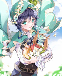 Rule 34 | 1boy, absurdres, androgynous, apple, beret, black hair, blue hair, bottle, bow, braid, cape, cloud, cloudy sky, collared cape, collared shirt, commentary request, corset, day, falling flower, flower, flower wreath, food, frilled sleeves, frills, fruit, genshin impact, gradient hair, green cape, green eyes, green hat, hat, hat flower, highres, holding, holding bottle, holding food, holding fruit, holding instrument, instrument, leaf, long sleeves, looking at viewer, lyre, male focus, multicolored hair, open mouth, outdoors, shirt, short hair with long locks, side braids, sidelocks, sky, smile, solo, tamao tamaki, twin braids, venti (genshin impact), white flower, white shirt, wine bottle