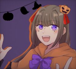 1girl :d assault_lily blush bow bowtie brown_hair capelet colored_shadow commentary drop_shadow facial_mark hair_intakes hair_ornament hair_ribbon halloween_costume hands_up heart heart_facial_mark hood hood_down hooded_capelet jack-o&#039;-lantern jack-o&#039;-lantern_hair_ornament kozue_west long_hair long_sleeves looking_at_viewer nigari_(ngari_0115) open_mouth orange_capelet purple_background purple_bow purple_bowtie purple_eyes red_ribbon ribbon shadow silhouette smile solo string_of_flags symbol-only_commentary teeth upper_teeth_only