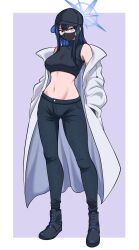 Rule 34 | 1girl, absurdres, bare shoulders, baseball cap, black footwear, black hat, black pants, black shirt, blue archive, blue eyes, blue hair, boots, breasts, coat, commentary request, crop top, full body, hands in pockets, hat, highres, kiteman442, large breasts, long hair, long sleeves, looking at viewer, mask, midriff, mouth mask, navel, off shoulder, open clothes, open coat, pants, saori (blue archive), shirt, sleeveless, sleeveless shirt, solo, standing, stomach, thighs, white coat