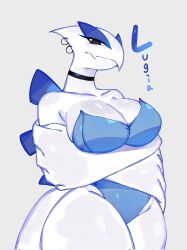 Rule 34 | breasts, choker, cleavage, collarbone, colored skin, creatures (company), crossed arms, ear piercing, furry, furry female, game freak, gen 2 pokemon, highres, huge breasts, legendary pokemon, looking at viewer, lugia, nintendo, piercing, pokemon, pokemon (creature), thick thighs, thighs, togetoge, white skin, wide hips