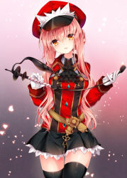Rule 34 | 1girl, ascot, belt, black ascot, black skirt, black thighhighs, blush, brown eyes, cowboy shot, fate/grand order, fate (series), gloves, gradient background, hair between eyes, hat, head tilt, holding, light particles, long hair, long sleeves, looking at viewer, medb (alluring chief warden look) (fate), medb (fate), military, military uniform, nogi takayoshi, parted lips, peaked cap, petticoat, pink background, pink hair, pleated skirt, red hat, riding crop, skirt, sleeve cuffs, smile, solo, standing, thigh gap, thighhighs, uniform, very long hair, white gloves, wing collar, zettai ryouiki