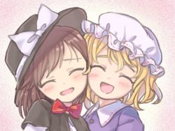 Rule 34 | 2girls, :d, bad id, bad twitter id, black hat, blonde hair, blush, bow, bowtie, brown hair, capelet, cheek-to-cheek, closed eyes, commentary request, facing viewer, hat, hat bow, heads together, maribel hearn, mob cap, multiple girls, open mouth, portrait, red bow, red bowtie, sasa kichi, short hair, smile, touhou, usami renko, white bow, white hat
