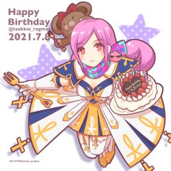 Rule 34 | 1girl, birthday cake, blue capelet, blue dress, blue scarf, blush, breasts, cake, candle, capelet, checkered clothes, checkered scarf, cleavage cutout, closed mouth, clothing cutout, commentary request, cross, dated, dress, elbow gloves, fireworks, flower in eye, food, fork, full body, gloves, happy birthday, high heels, highres, holding, holding fork, layered gloves, long hair, looking at viewer, medium breasts, pink hair, pink scarf, poring, purple scarf, ragnarok masters, ragnarok online, red eyes, saint (ragnarok masters), scarf, smile, solo, sparkler, star (symbol), swept bangs, symbol in eye, thighhighs, tomo-graphy, twitter username, white background, white dress, white gloves, white thighhighs, yellow dress, yellow footwear