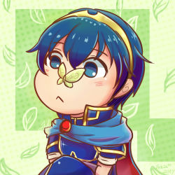 Rule 34 | 1boy, animal, blue eyes, blue hair, bug, butterfly, butterfly on nose, cape, chibi, colorized, crown, fire emblem, fire emblem: mystery of the emblem, fire emblem: new mystery of the emblem, fire emblem: shadow dragon, insect, looking at viewer, male focus, marth (fire emblem), nintendo, simple background, sword, weapon