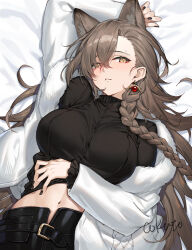Rule 34 | 1girl, animal ears, arknights, arm up, bed sheet, belt, black belt, black shirt, braid, cokuto1, commentary request, earrings, fur-trimmed jacket, fur trim, grey hair, jacket, jewelry, long hair, long sleeves, looking at viewer, lying, midriff, navel, on back, penance (arknights), shirt, solo, stomach, upper body, very long hair, white jacket, wolf ears, yellow eyes
