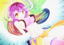 Rule 34 | 10s, 1girl, angel wings, bad anatomy, blush, breasts, spiked halo, covered erect nipples, cross, gloves, halo, jibril (no game no life), long hair, looking at viewer, low wings, midriff, mizuki hitoshi, navel, no game no life, pelvic curtain, pink hair, sideboob, smile, solo, thighhighs, white wings, wing ears, wings, yellow eyes
