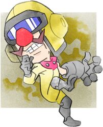 Rule 34 | 1boy, big nose, clenched teeth, dr. crygor, facial hair, gloves, grey footwear, grey gloves, helmet, jumpsuit, lowres, mustache, nintendo, official art, red nose, takeuchi kou, teeth, third-party source, warioware, warioware: get it together!, yellow headwear, yellow jumpsuit