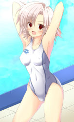 Rule 34 | 1girl, alternate color, arena (company), arms behind head, arms up, breasts, collarbone, competition swimsuit, covered erect nipples, female focus, hizuki aki, logo, md5 mismatch, medium breasts, one-piece swimsuit, pink hair, poolside, red eyes, resolution mismatch, short hair, smile, solo, swimsuit