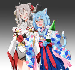 Rule 34 | 2girls, @ @, ^ ^, absurdres, ahoge, animal ear fluff, animal ears, bare legs, bell, blue hair, blue skirt, blush, bottle, bow, breasts, cat ears, cat tail, closed eyes, coat, commentary, cowboy shot, drunk, ear piercing, fang, felutiahime, floral print, flower, furisode, gradient background, grey background, grey kimono, hair between eyes, hair flower, hair ornament, hairclip, heart, heart ahoge, highres, holding, holding bottle, hololive, japanese clothes, kemonomimi mode, kimono, light blue hair, lion ears, long hair, looking at viewer, medium breasts, multicolored hair, multiple girls, obi, open mouth, piercing, pointy ears, red bow, ribbon, sake bottle, sash, shishiro botan, shishiro botan (new year), short kimono, silver hair, simple background, skirt, smile, streaked hair, sweatdrop, tail, tail bell, tail ornament, tail ribbon, tears, thighs, twintails, two-tone hair, virtual youtuber, wavy mouth, white coat, yagasuri, yellow eyes, yukihana lamy, yukihana lamy (new year)