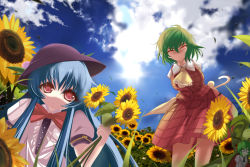 Rule 34 | 3girls, antennae, arms behind back, ascot, bad id, bad pixiv id, blue hair, blue sky, bow, cape, cloud, day, false smile, female focus, field, flower, flower field, food, fruit, green hair, hat, highres, hinanawi tenshi, kazami yuuka, leaning forward, long hair, marionette (excle), multiple girls, o o, peach, red eyes, shirt, short hair, skirt, sky, smile, sun, sunflower, sunflower field, touhou, umbrella, vest, wriggle nightbug, you gonna get raped