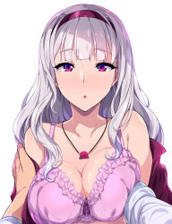 Rule 34 | 1boy, 1girl, bare shoulders, blunt bangs, bra, breasts, cleavage, collarbone, commentary request, frilled bra, frills, hairband, hand on another&#039;s arm, hidebou, highres, idolmaster, idolmaster (classic), jewelry, large breasts, long hair, looking at viewer, necklace, off shoulder, open clothes, open shirt, parted lips, pendant, pink bra, pink hairband, pink shirt, pov, pov hands, purple eyes, shijou takane, shirt, sidelocks, silver hair, simple background, solo focus, underwear, undressing another, upper body, white background