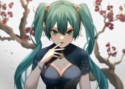 Rule 34 | 1girl, aqua eyes, aqua hair, breasts, china dress, chinese clothes, closed mouth, covering own mouth, dress, hair between eyes, hair ornament, hand over own mouth, hatsune miku, highres, long hair, medium breasts, miyanami 3, smile, solo, twintails, very long hair, vocaloid