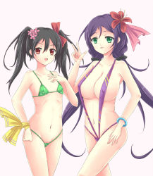 Rule 34 | 10s, 2girls, bikini, black hair, breasts, covered erect nipples, flower, gradient background, green eyes, hair flower, hair ornament, hand on own hip, highres, large breasts, long hair, looking at viewer, love live!, love live! school idol project, micro bikini, multiple girls, navel, open mouth, parted lips, pink background, polka dot, polka dot bikini, purple hair, red eyes, simple background, slingshot swimsuit, small breasts, standing, swimsuit, tenhi tsukitori, tojo nozomi, twintails, very long hair, yazawa nico