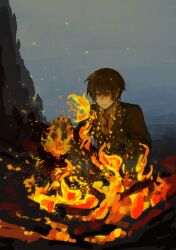 Rule 34 | 1boy, :|, absurdres, black jacket, black pants, bonfire, brown eyes, brown hair, chinese commentary, cichutianrukongbai, closed mouth, collared shirt, commentary request, fire, formal, hair between eyes, highres, holding, holding shoes, jabuchi you, jacket, long sleeves, male focus, necktie, outdoors, pants, red necktie, saibou shinkyoku, shirt, shoes, short hair, solo, squatting, suit, white shirt